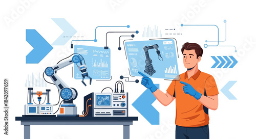 Automation engineer overseeing robotic arm operation with modern technology interfaces