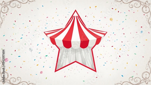 Circus star with red and white stripes, surrounded by colorful confetti and elegant decorative borders.