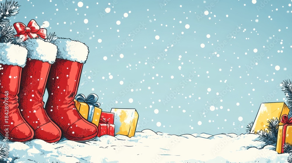Fototapeta premium Cozy Christmas scene with red boots and presents in a comic book style snowy background