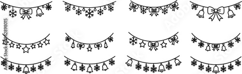 Collection of twelve black outline holiday garland banners featuring snowflakes bows and bells perfect for winter celebration designs