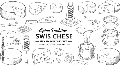Traditional Swiss cheese vector illustration featuring fondue, graters, slices, dairy products, and Alpine culinary heritage made in Switzerland.