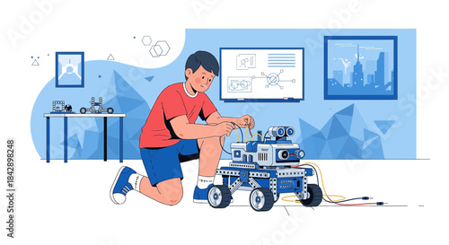 Boy skillfully assembling a toy robot in his room focused on developing stem skills