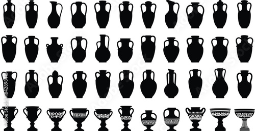 Ancient Greek Vases and Amphorae Silhouette Vector Set: A Historical Collection of Classical Antique Pottery, Urns, Cups, and Vessels with Handles.