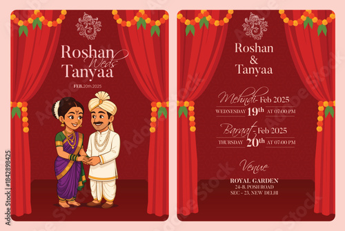 Traditional Royal Wedding Invitation card design with Bride and Groom Welcoming illustration	