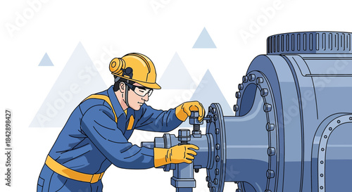 Cartoon engineer maintaining industrial equipment with mountains in the background design