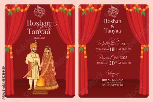 Traditional Royal Wedding Invitation card design with Bride and Groom Welcoming illustration	