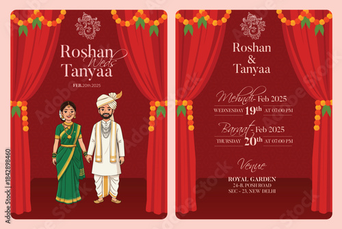 Traditional Royal Wedding Invitation card design with Bride and Groom Welcoming illustration	