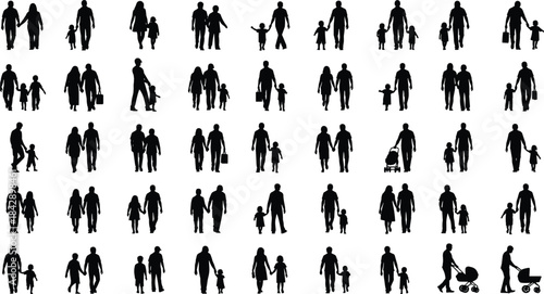 Black Silhouette Vector Set of Families, Couples, Parents, and Children Walking Together Outdoors Holding Hands and Pushing Strollers for Family Life and Relationship Concepts.