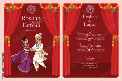 Traditional Royal Wedding Invitation card design with Bride and Groom Welcoming illustration	
