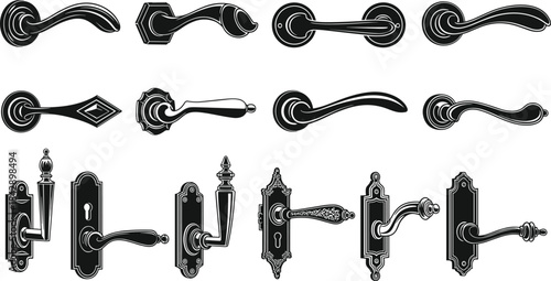 Classic Vintage Door Handles and Interior Levers Silhouette Vector Set: Elegant Antique Home Hardware Design Elements Isolated on White Background.