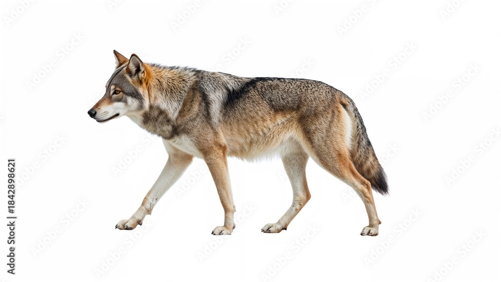 Fototapeta premium A wolf walking sideways on a white background.