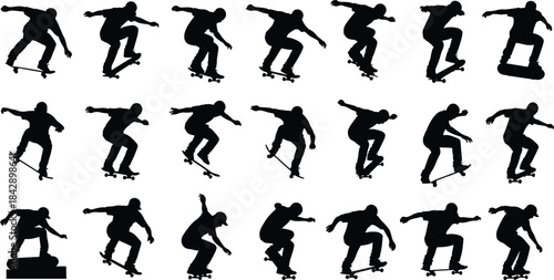 Dynamic Skateboarder Silhouette Vector Collection: Set of 22 Poses Featuring Ollie, Flip, and Grind Action Jumps for Extreme Sports Design.