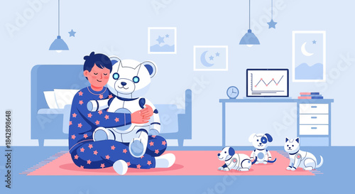 Childhood companionship with robotic pets and teddy bear in a cozy futuristic bedroom