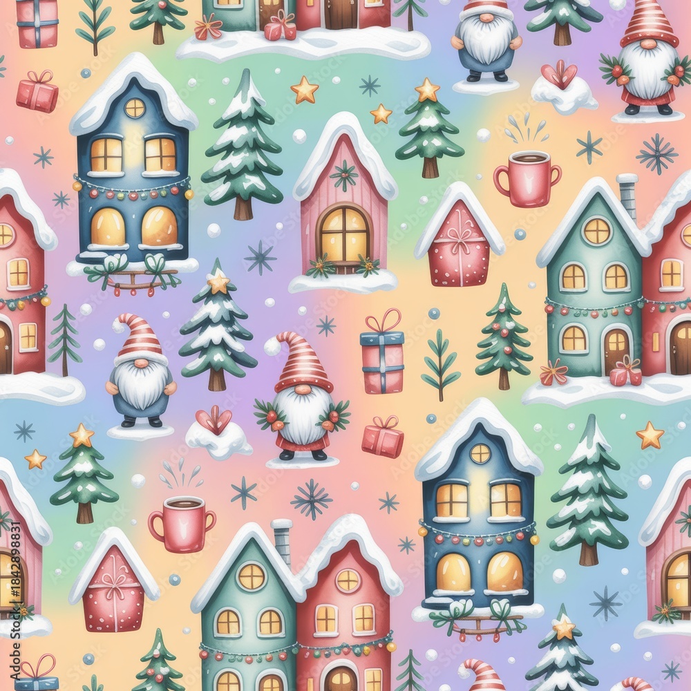 Fototapeta premium Seamless winter pattern showcasing gnome and tree characters, colorful holiday accents, and whimsical Christmas motif, suitable for branding assets and joyful celebration themes.