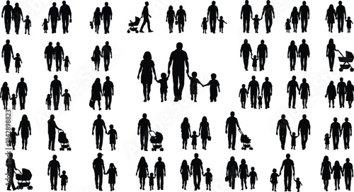 Silhouettes of families walking, diverse parents and children enjoying time outdoors, vector illustrations set of people with strollers and kids together.