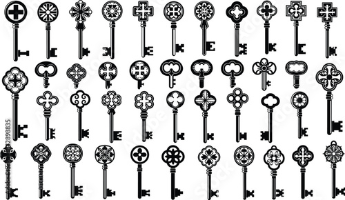 Vintage Ornate Skeleton Key Collection Vector Set: Antique Black and White Decorative Keys, Isolated on White Background for Mystery and Security Concepts.