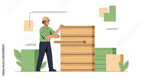 Construction worker stacking wood panels with geometric shapes on a minimalist scene