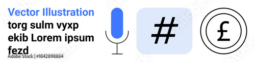 Microphone, metadata tag icon in blue box, and pound currency symbol within a circle. Ideal for finance, social media, communication, voice recognition, marketing, hashtags simple landing page