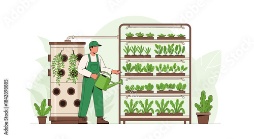 Conceptual illustration of vertical hydroponic farming system for sustainable agriculture production