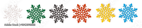 Vibrant collection of six colorful glittery snowflakes in a row, featuring white, green, black, red, yellow, and blue.