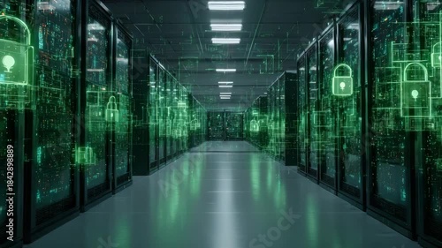 Wallpaper Mural Data center corridor with server racks, glowing green padlock graphics, on dark interior background. Concept of cybersecurity and data protection Torontodigital.ca
