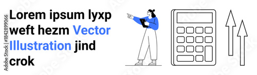 Businesswoman holding a tablet, pointing to the side, calculator and upward arrows symbolizing growth, analytics, planning, and progress. Ideal for finance, success, economy corporate education