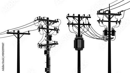 Electric power pole silhouettes vector set with transmission lines wires and transformers for energy distribution grid