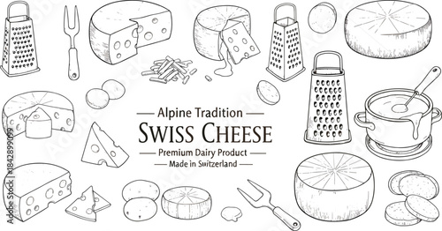 Swiss cheese vector illustration with fondue, wedges, graters, knives, and Alpine dairy tradition made in Switzerland.