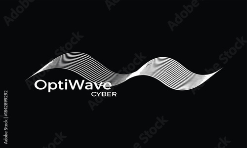 OptiWave Cyber Logo with Abstract White Wave Design on Black Background Representing Technology, Communication, and Innovation