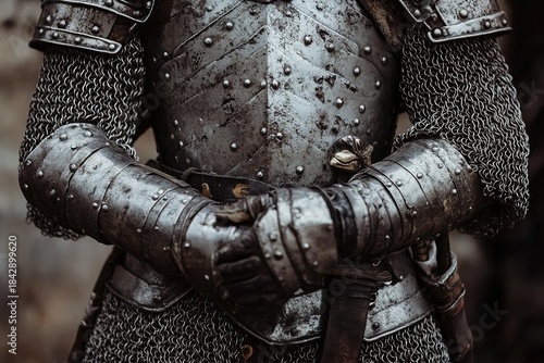 medieval armor with layered steel plates and chainmail sleeves