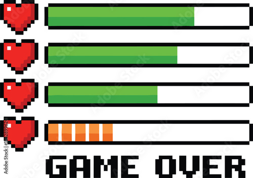 Pixel game health bars with red hearts illustration, retro video game UI showing decreasing life levels and game over text for classic arcade design