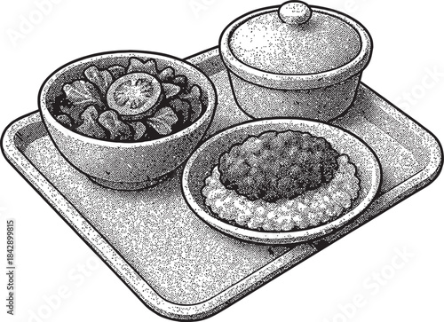 Food Tray Meal Set Halftone Dot Illustration