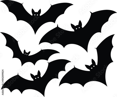 Black bats flying in a circular pattern on white background