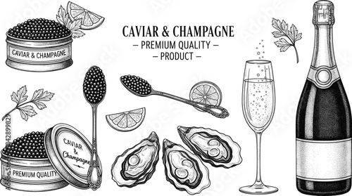 Hand drawn black and white gourmet illustration featuring caviar tins, champagne bottle, oysters, lemon wedges, and elegant presentation