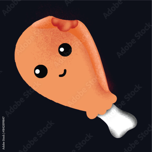 Cartoon Drumstick Character – Cute Food Icon with Eyes, Smile, Bite Mark, and Bone on Dark Background for Sticker, UI, Web, Poster, Branding, Children’s Media, or Creative Graphic Design Projects