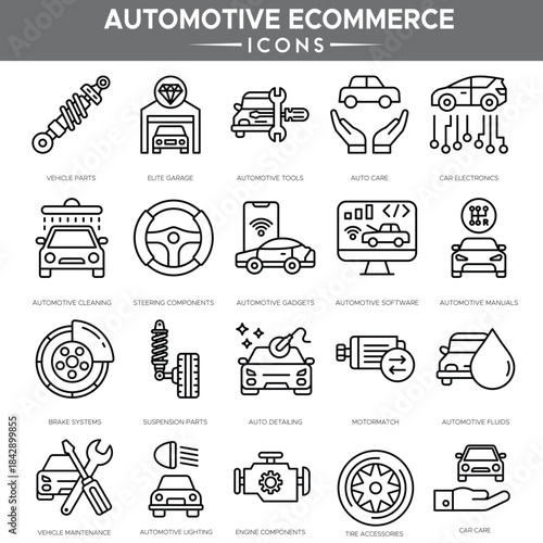 “Modern automotive e-commerce icon set featuring car parts, online shopping tools, and digital vehicle services.”