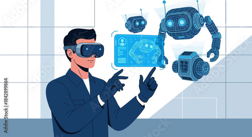 Engineer in virtual reality working on robotic engineering and industrial design project development