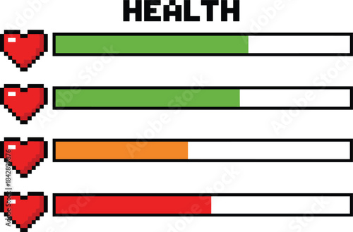 Pixel health bar illustration, retro heart life indicator, video game UI element, loading status meter, arcade style gameplay interface graphic design