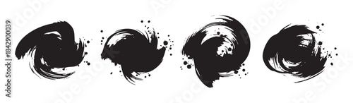 Four abstract black ink brush strokes with expressive swirling textures and scattered splatters, creating a dynamic artistic design element.