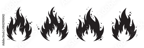 Four stylized fire icons with small sparks representing heat, energy, and danger, suitable for various graphic design projects and warning signs.
