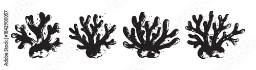 Four black coral reef elements with a grunge ink splatter texture are depicted in a stylized underwater marine life illustration, perfect for ocean-themed designs.