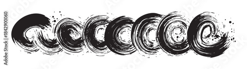 Black brushstroke spirals create a dynamic and artistic abstract pattern with grunge ink textures and expressive hand-drawn elements.