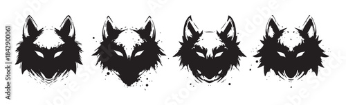 Four stylized wolf heads with fierce expressions are depicted in a grunge ink splatter art style, showcasing wild animal strength and a powerful, mysterious aura.