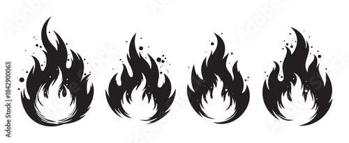 Four stylized black and white flame icons with sparks representing heat, danger, and energy, suitable for various graphic design projects.