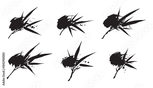 Stylized bamboo ink brushstroke illustrations form a collection of abstract black ink designs depicting leaves and branches in a traditional Asian art style.