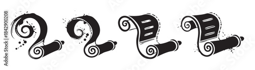 Four ancient rolled scrolls are depicted in a graphic black and white illustration, showcasing various artistic styles, textures, and dynamic ink splatter effects.
