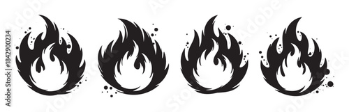 Four stylized fire flames vector icons representing heat, energy, passion, and danger, suitable for various design projects and warning signs.