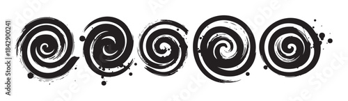Black spiral shapes with a grunge brushstroke texture are arranged horizontally, creating an abstract and artistic design element.