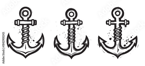 Three stylized nautical anchors with a distressed grunge look, featuring a hand-drawn artistic style, perfect for maritime themes, sailing, and ocean-related designs.