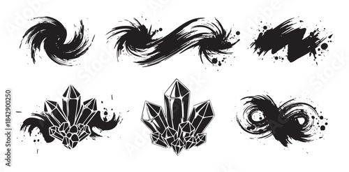 Abstract brush strokes and stylized crystals create a diverse collection of dynamic graphic elements with a grunge and mystical aesthetic.